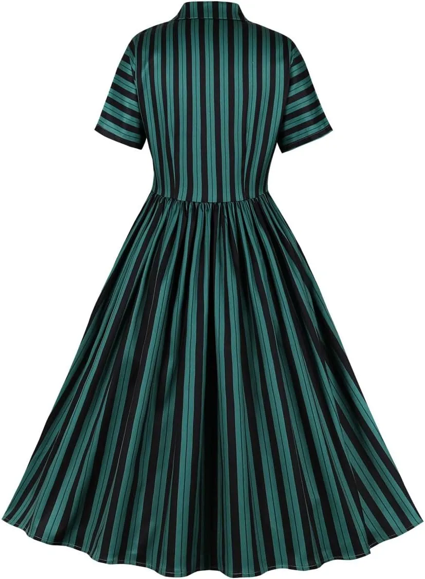 1950s Dresses for Women Vintage Rockabilly Retro Short Sleeve Tie Midi Dress Cocktail Party Evening Prom Gown