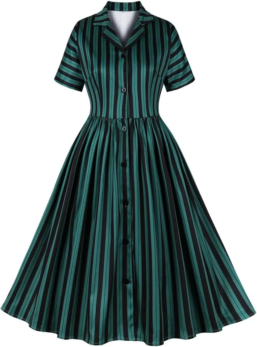1950s Dresses for Women Vintage Rockabilly Retro Short Sleeve Tie Midi Dress Cocktail Party Evening Prom Gown