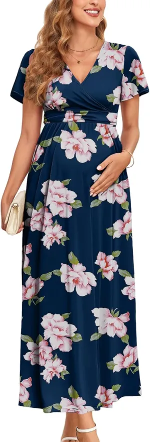 2025 Women's Maternity Maxi Dress Long Sleeve Wrap V Neck Pregnancy Dresses with Pockets Baby Shower Photoshoot Formal