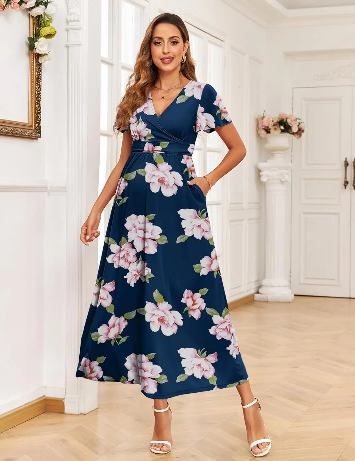 2025 Women's Maternity Maxi Dress Long Sleeve Wrap V Neck Pregnancy Dresses with Pockets Baby Shower Photoshoot Formal