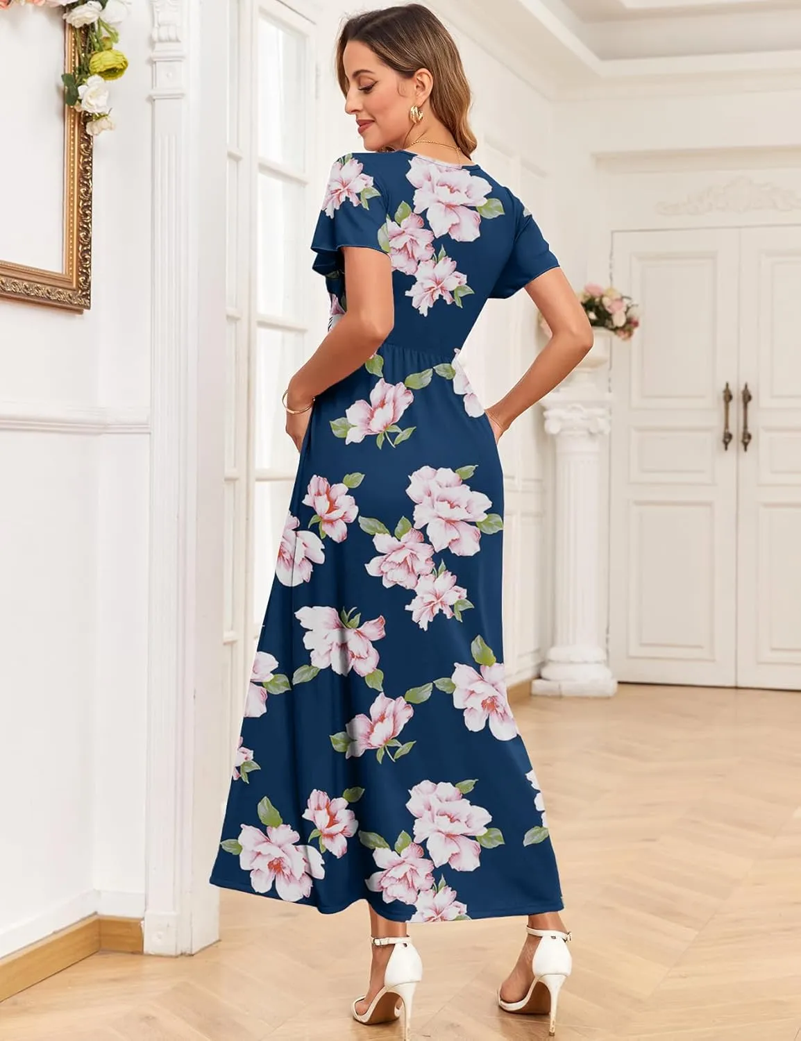 2025 Women's Maternity Maxi Dress Long Sleeve Wrap V Neck Pregnancy Dresses with Pockets Baby Shower Photoshoot Formal