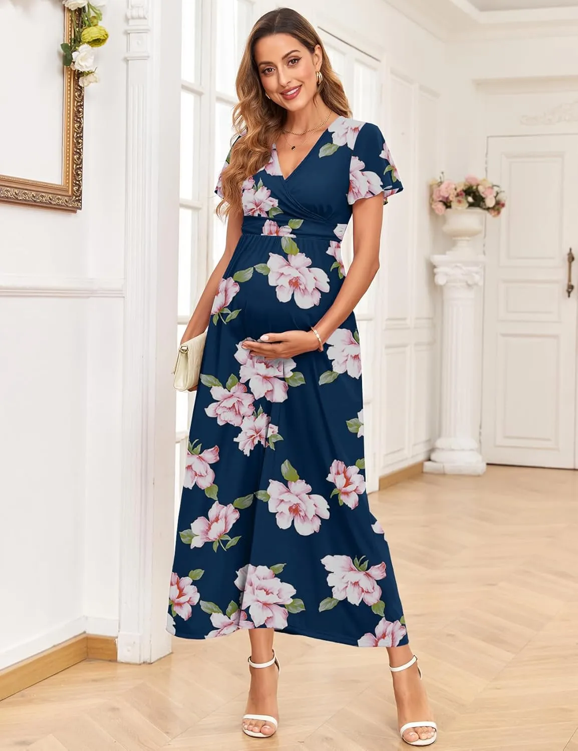 2025 Women's Maternity Maxi Dress Long Sleeve Wrap V Neck Pregnancy Dresses with Pockets Baby Shower Photoshoot Formal