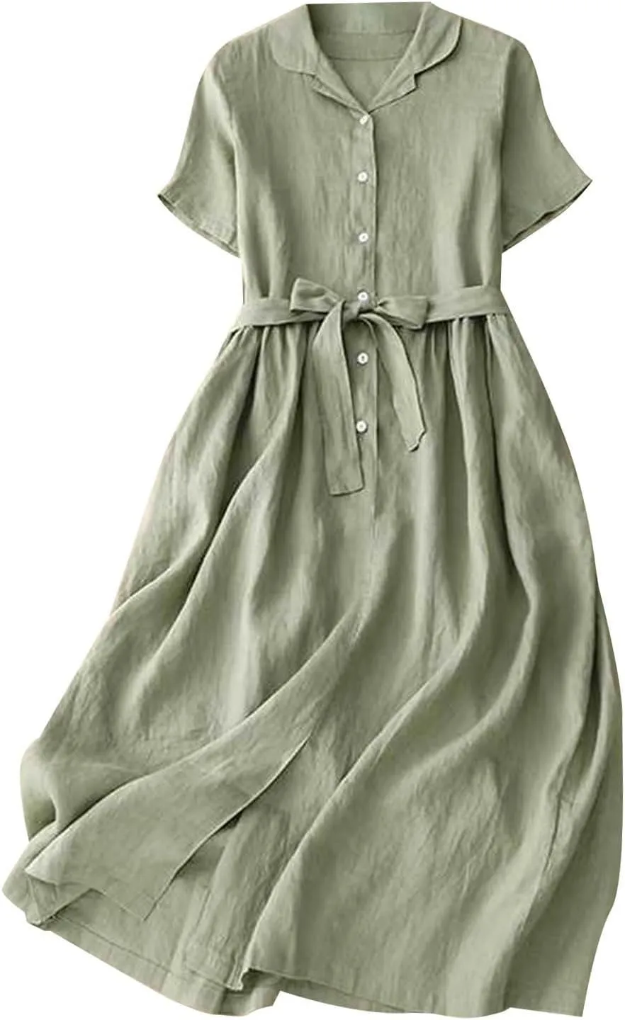 3/4 Sleeve Dresses for Women 2025 Vacation Cotton Linen Maxi Button Sundress Plus Size A Line Dress Trendy Maxi Dress
