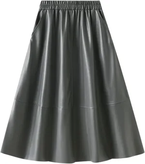 A-line Midi Pleated Skirts Faux Leather Flare Skirt with Pockets