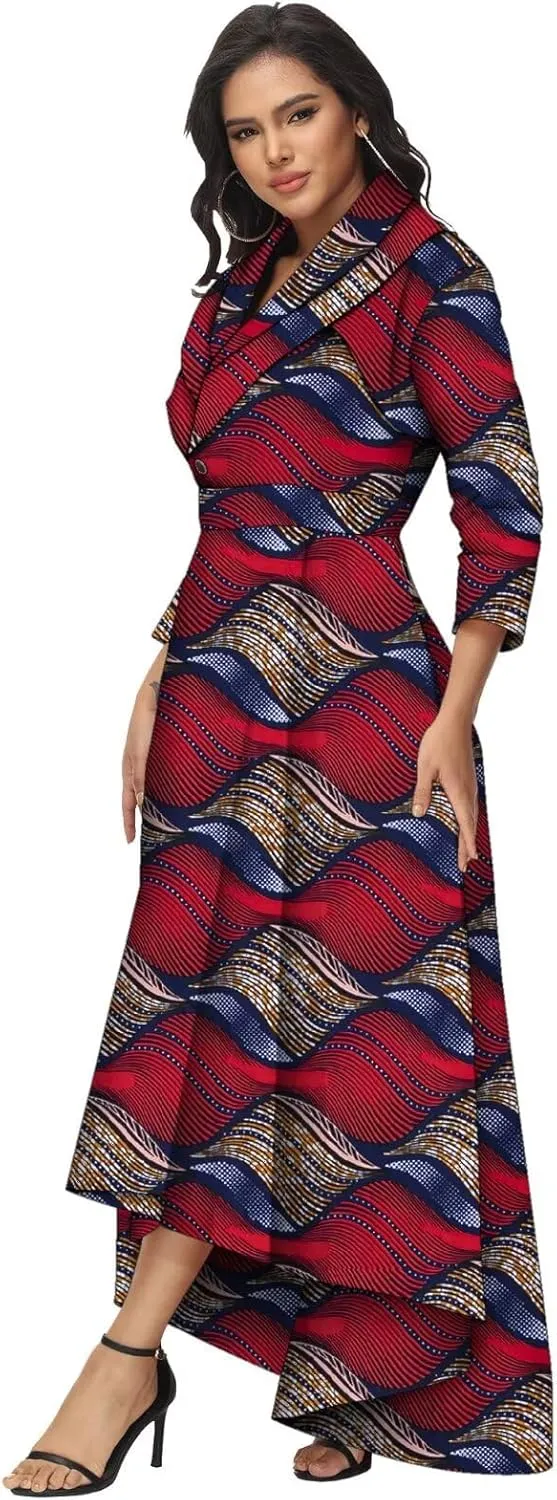 African Dresses for Women A-line Floor-Length Dress Traditional Ankara Kente Print Evening Dress