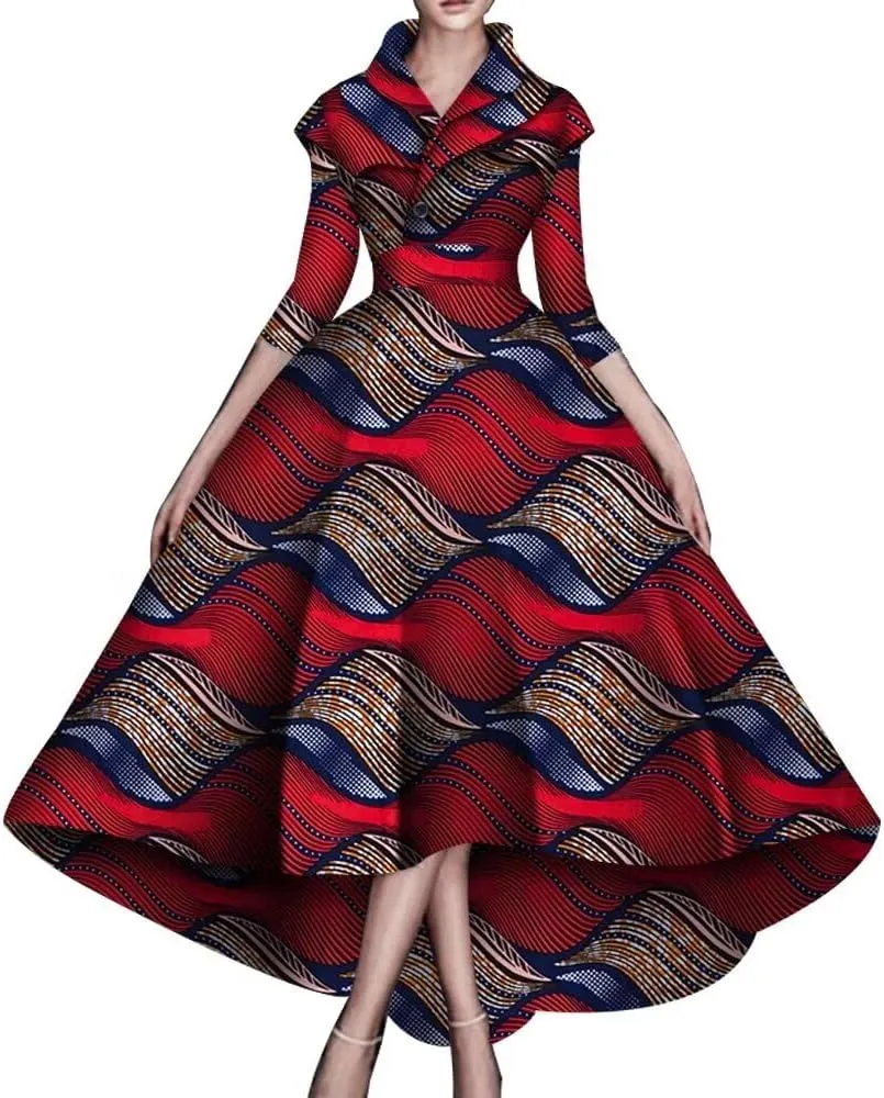African Dresses for Women A-line Floor-Length Dress Traditional Ankara Kente Print Evening Dress