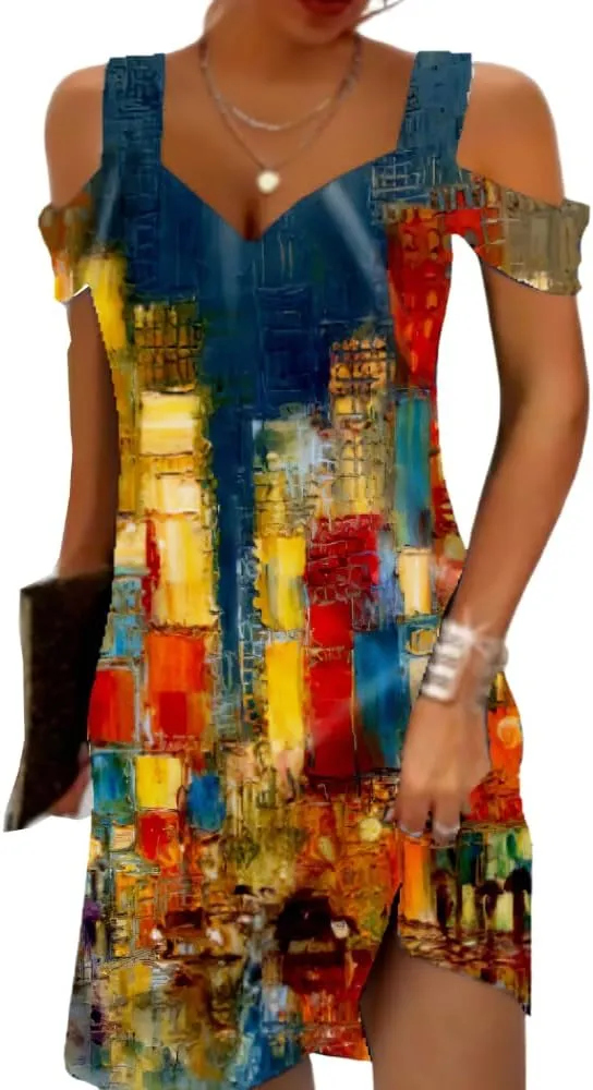 Akivide Women's Boho Floral Printed Cold Shoulder T-Shirt Sundress Casual Sexy V-Neck Mini Summer Dresses for Women 2024