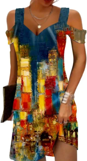Akivide Women's Boho Floral Printed Cold Shoulder T-Shirt Sundress Casual Sexy V-Neck Mini Summer Dresses for Women 2024