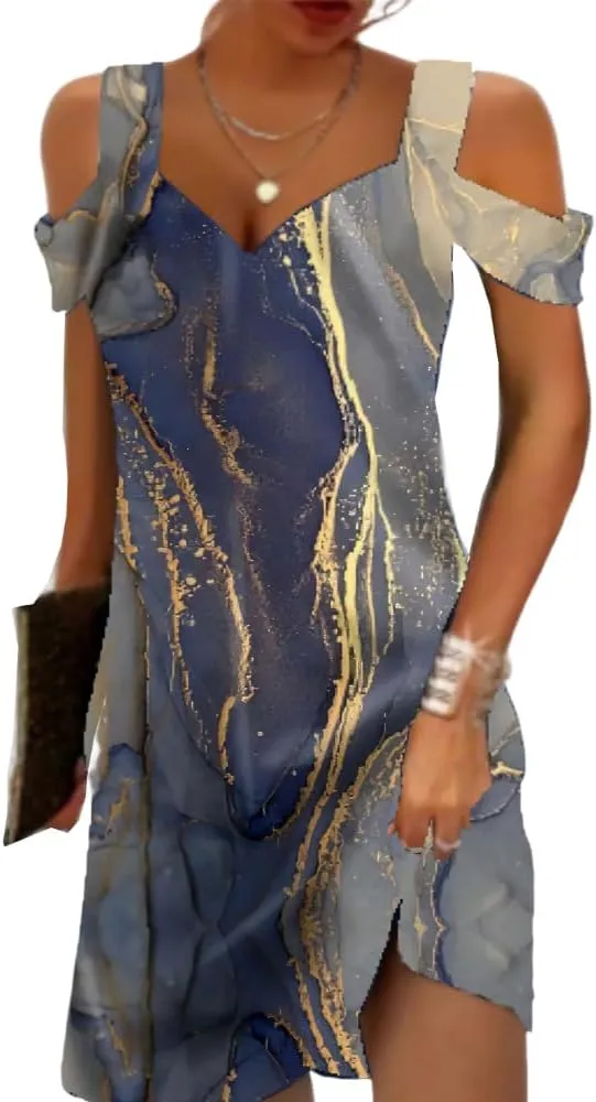 Akivide Women's Boho Floral Printed Cold Shoulder T-Shirt Sundress Casual Sexy V-Neck Mini Summer Dresses for Women 2024