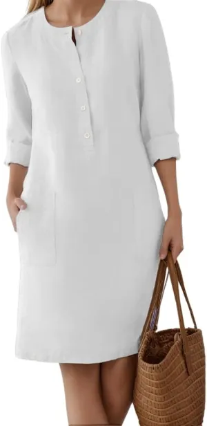 Akivide Women's Cotton Linen 3/4 Sleeve Button Shirt Dress Plus Size Crewneck Knee Length Midi Dresses with 2 Pockets