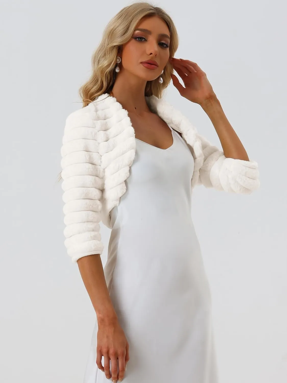 Allegra K Women's Bolero Jacket for Evening Dresses Open Front Cropped Fluffy Faux Fur Shrug