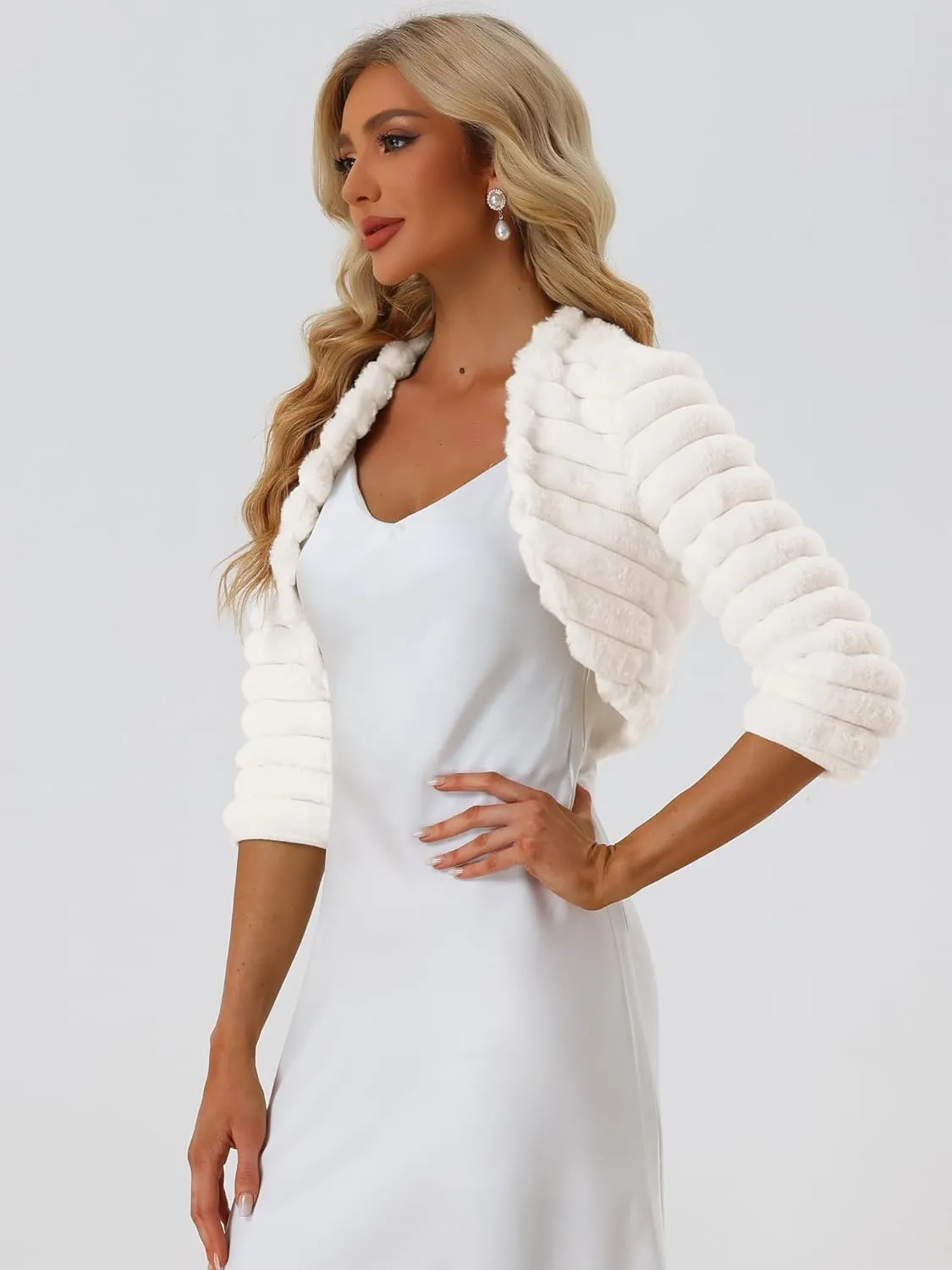 Allegra K Women's Bolero Jacket for Evening Dresses Open Front Cropped Fluffy Faux Fur Shrug