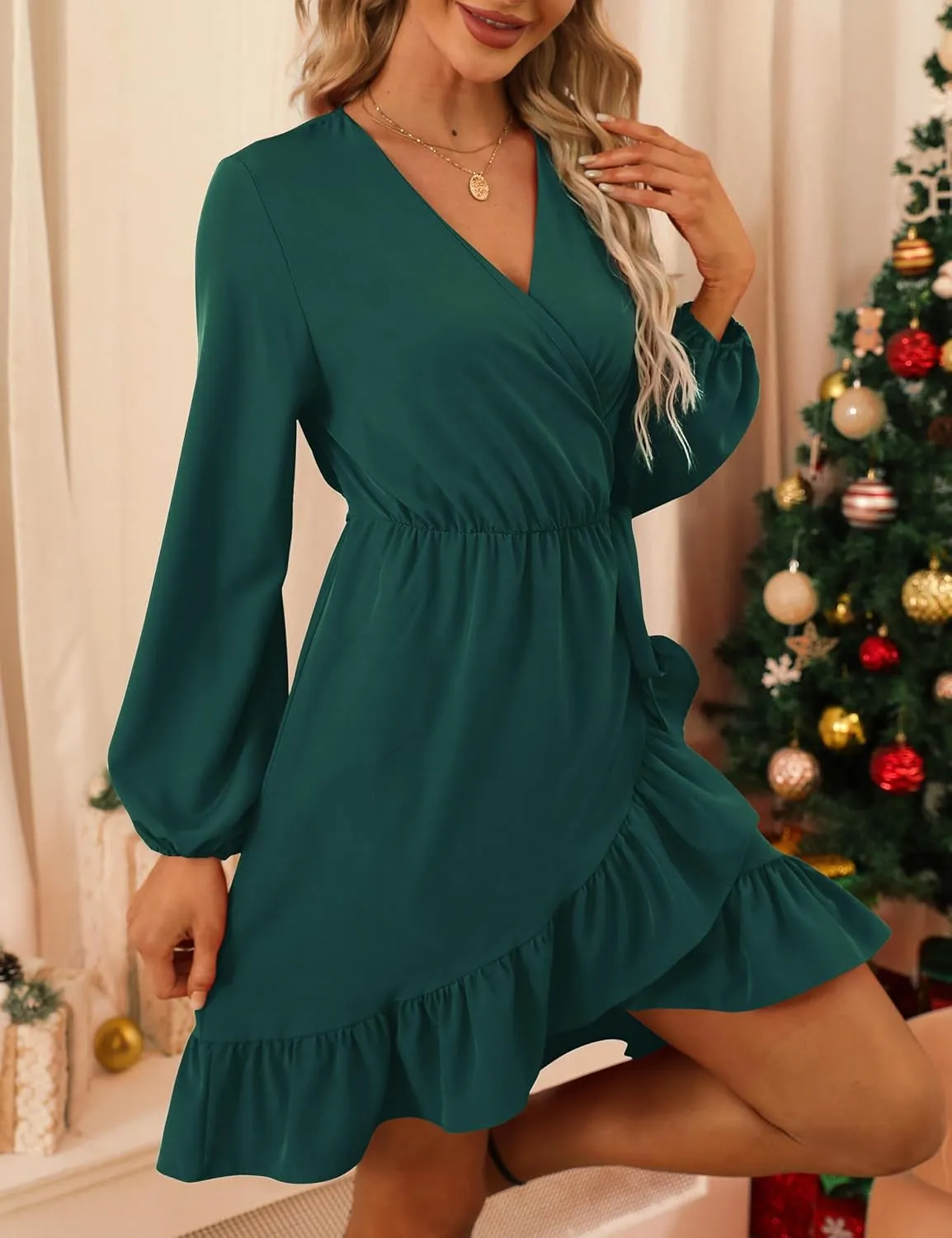 Amoretu Women Long Sleeve Cocktail Dress Elegant V Neck Mini Dress