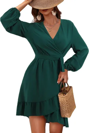Amoretu Women Long Sleeve Cocktail Dress Elegant V Neck Mini Dress