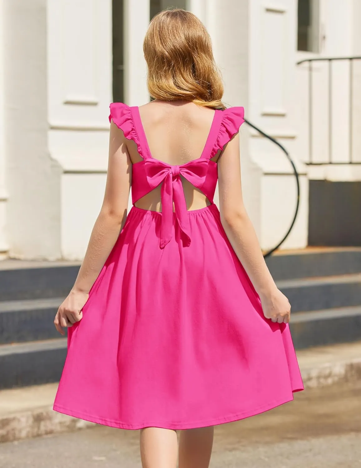 Arshiner Girls Summer Dresses Square Neck Ruffle Sleeve Tie Back A-Line Swing Casual Midi Dress with Pockets