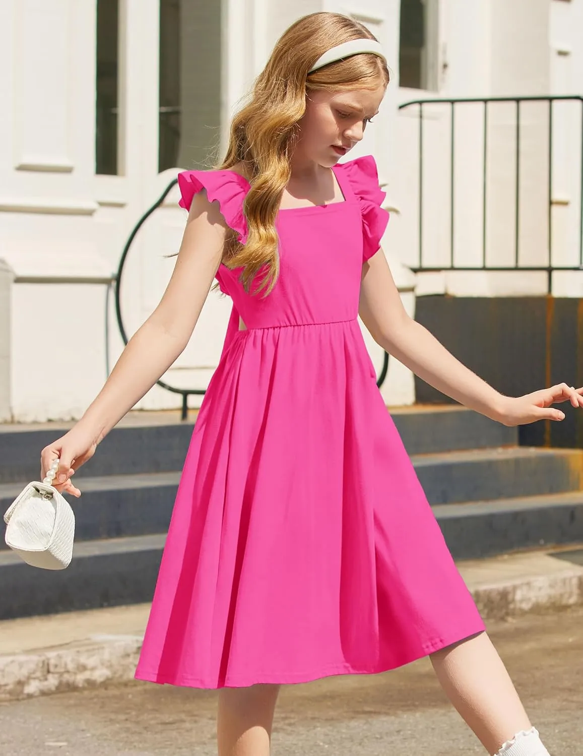 Arshiner Girls Summer Dresses Square Neck Ruffle Sleeve Tie Back A-Line Swing Casual Midi Dress with Pockets