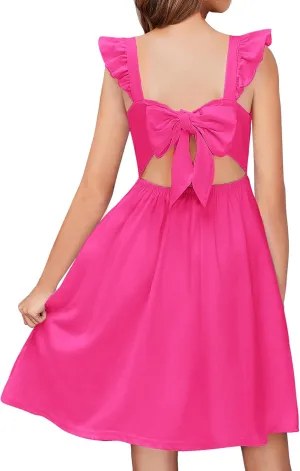 Arshiner Girls Summer Dresses Square Neck Ruffle Sleeve Tie Back A-Line Swing Casual Midi Dress with Pockets