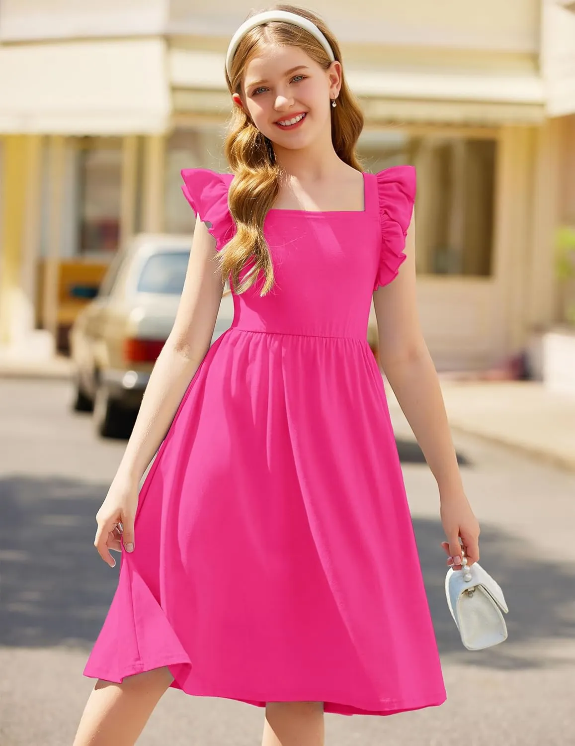 Arshiner Girls Summer Dresses Square Neck Ruffle Sleeve Tie Back A-Line Swing Casual Midi Dress with Pockets