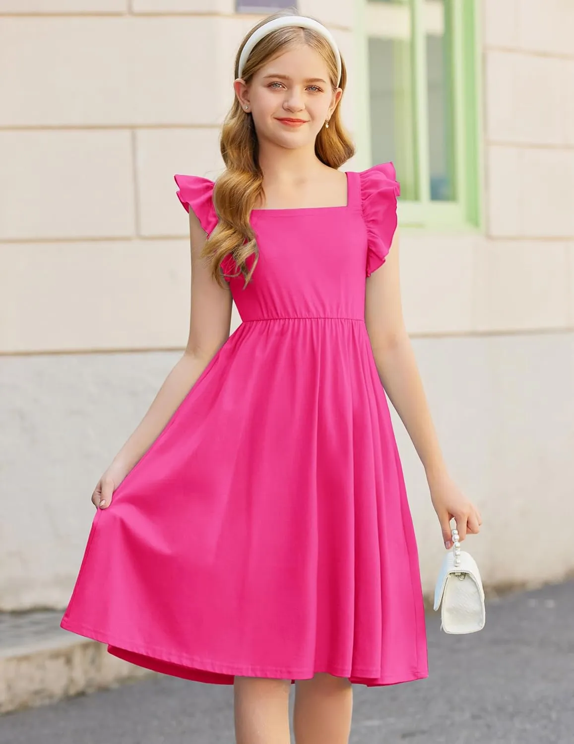 Arshiner Girls Summer Dresses Square Neck Ruffle Sleeve Tie Back A-Line Swing Casual Midi Dress with Pockets