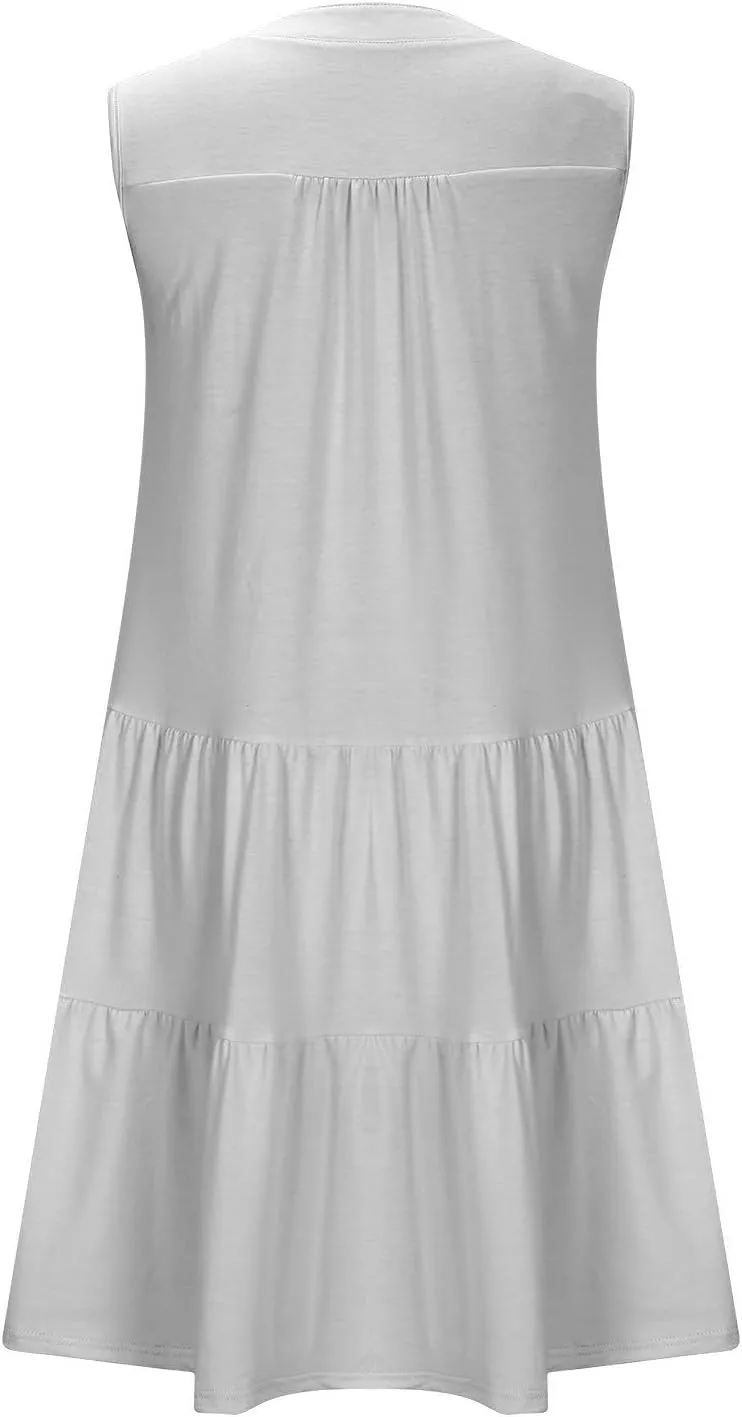 Beach Dresses for Women 2025 Vacation Sleeveless V Neck Flowy Mini Dress Fashion Ruffle Summer Sundress with Pockets