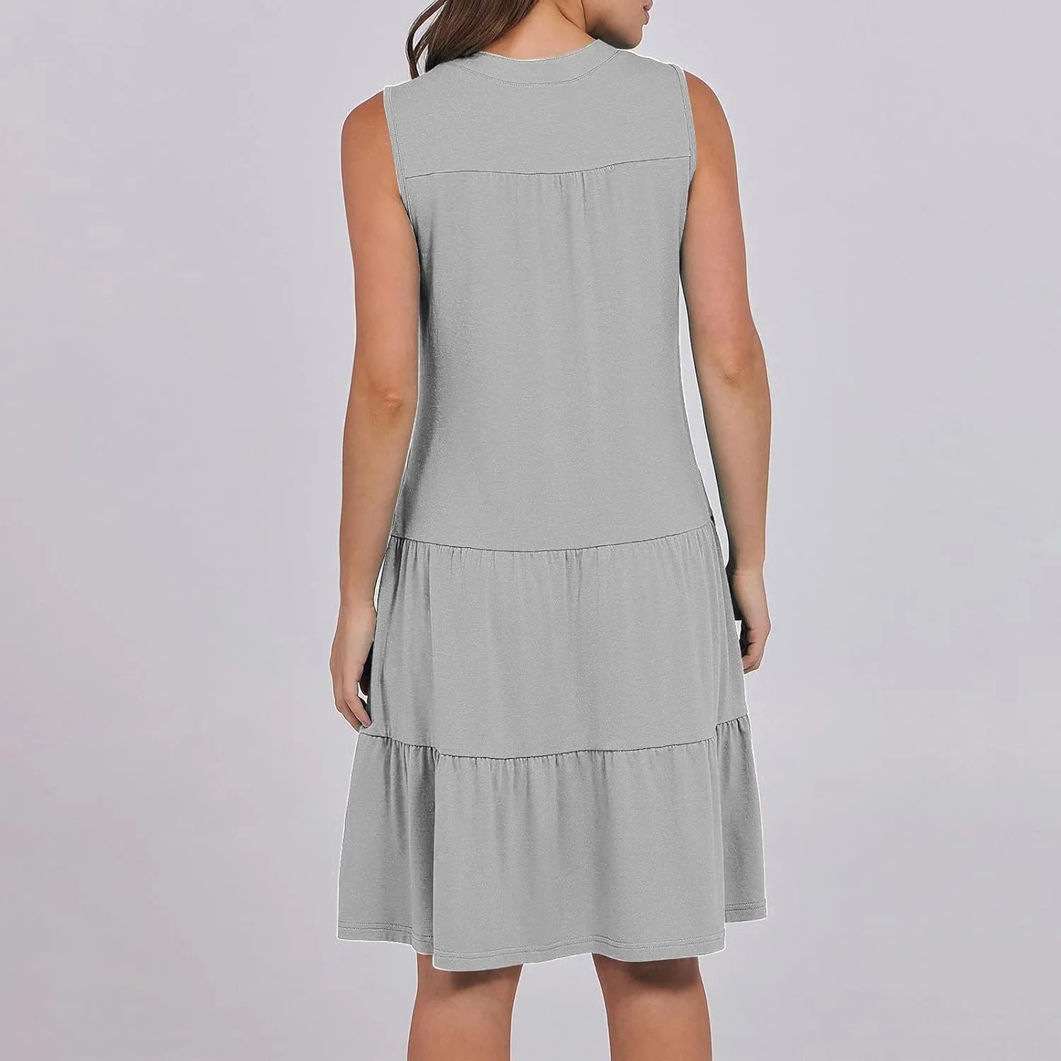 Beach Dresses for Women 2025 Vacation Sleeveless V Neck Flowy Mini Dress Fashion Ruffle Summer Sundress with Pockets