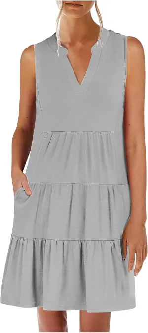 Beach Dresses for Women 2025 Vacation Sleeveless V Neck Flowy Mini Dress Fashion Ruffle Summer Sundress with Pockets