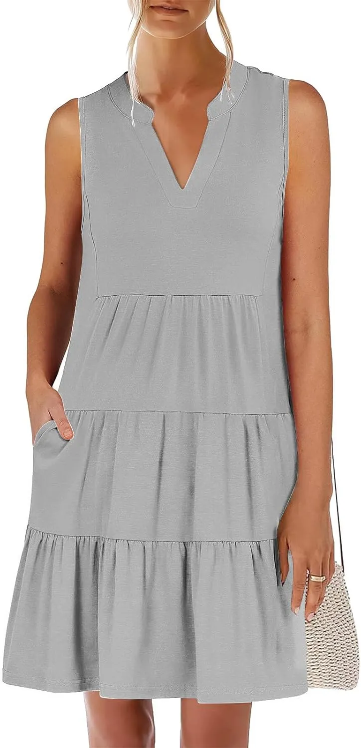 Beach Dresses for Women 2025 Vacation Sleeveless V Neck Flowy Mini Dress Fashion Ruffle Summer Sundress with Pockets