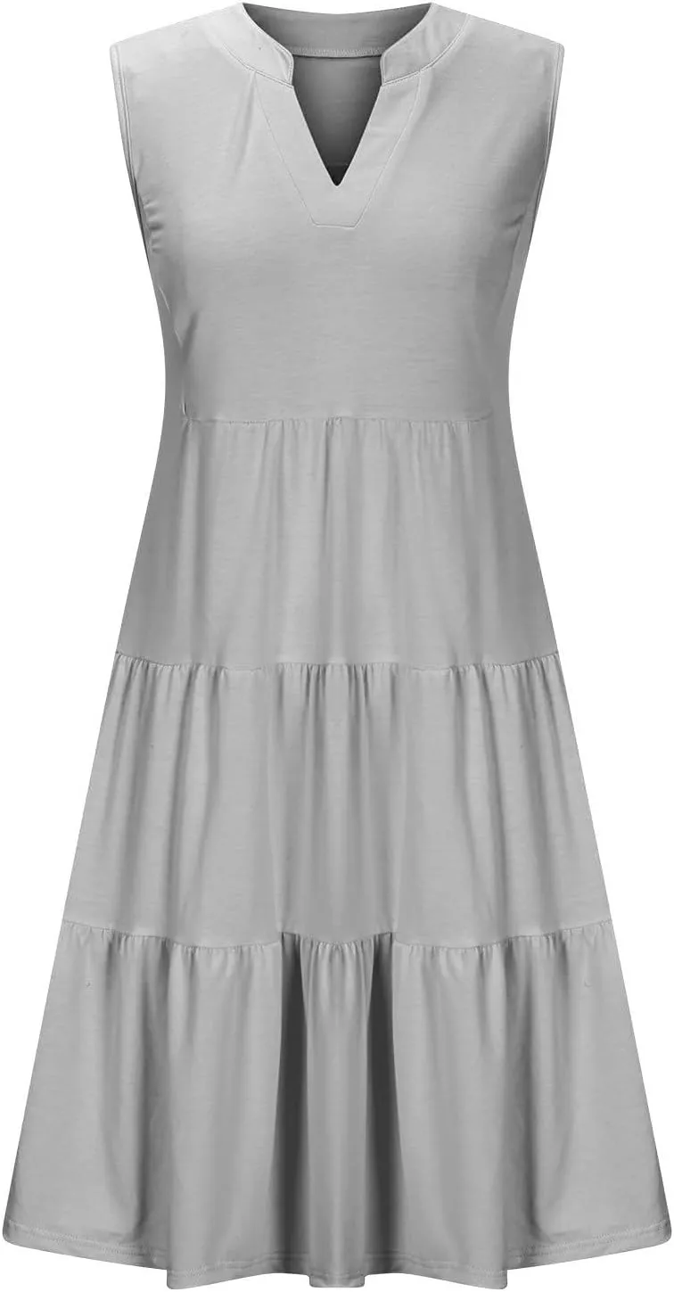 Beach Dresses for Women 2025 Vacation Sleeveless V Neck Flowy Mini Dress Fashion Ruffle Summer Sundress with Pockets
