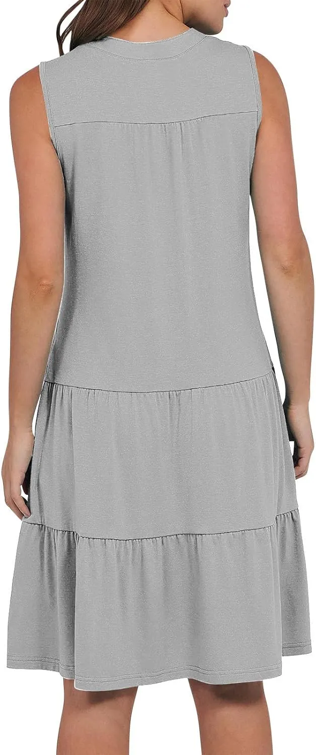 Beach Dresses for Women 2025 Vacation Sleeveless V Neck Flowy Mini Dress Fashion Ruffle Summer Sundress with Pockets
