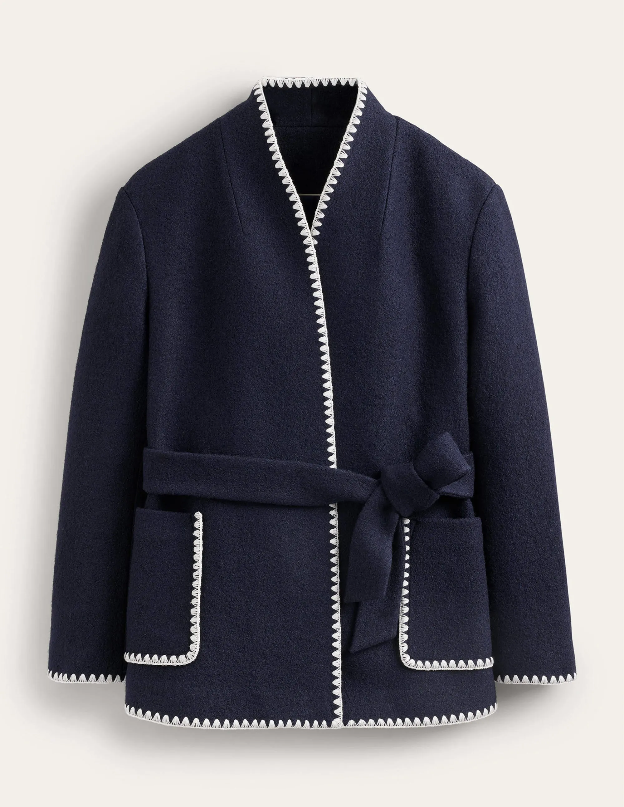 Belted Short Wrap Coat-Navy