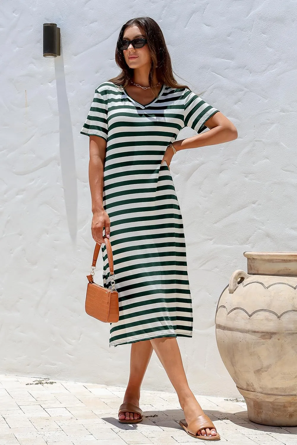 BLENCOT Women Summer Dress Striped Short Sleeve V Neck Sundress Casual Side Slit Beachwear T-Shirt Dresses