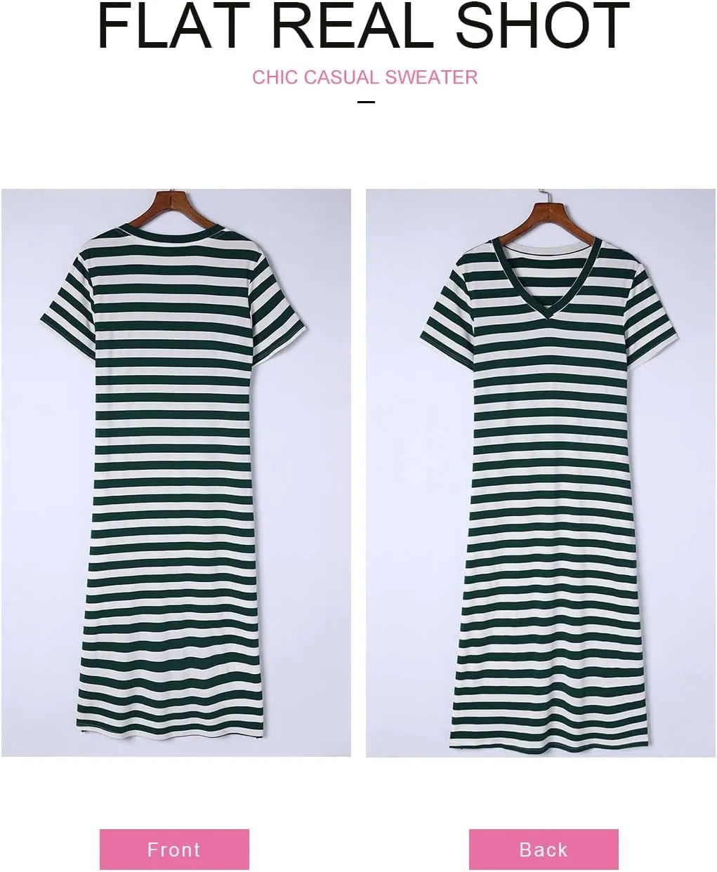 BLENCOT Women Summer Dress Striped Short Sleeve V Neck Sundress Casual Side Slit Beachwear T-Shirt Dresses