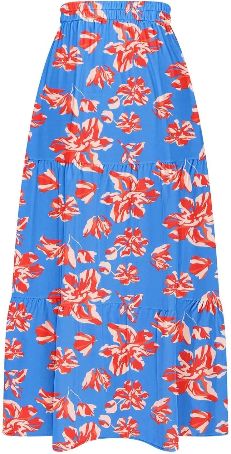 Bohemian Floral Skirts for Women High Waist Pleated Beach Skirt Trendy Ladies Boho Vacation Skirts with Slit