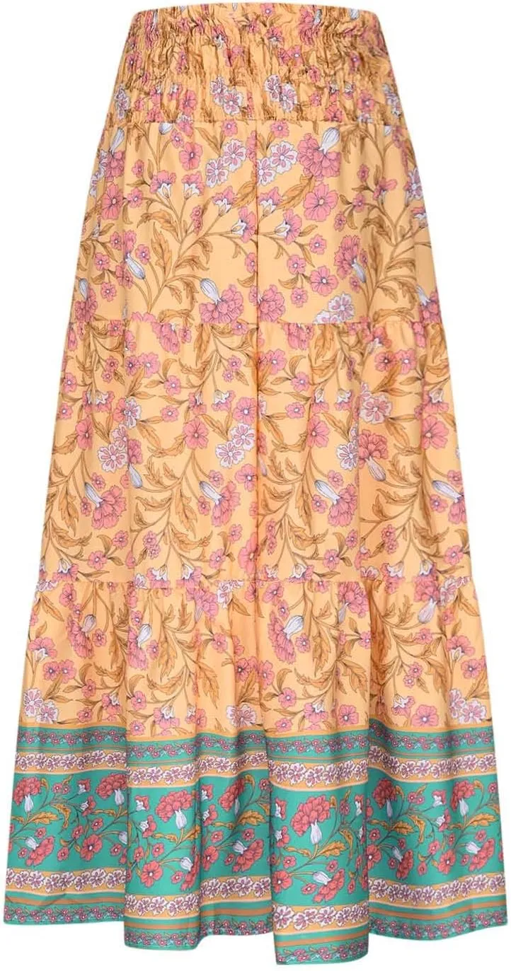 Boho Floral Pleated Long Skirts for Women Summer Casual Elastic High Waisted Skirts A-Line Flowy Swing Maxi Skirt