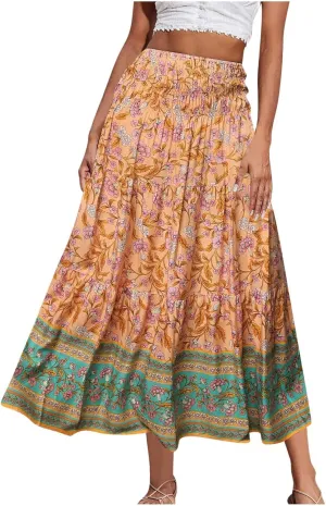 Boho Floral Pleated Long Skirts for Women Summer Casual Elastic High Waisted Skirts A-Line Flowy Swing Maxi Skirt