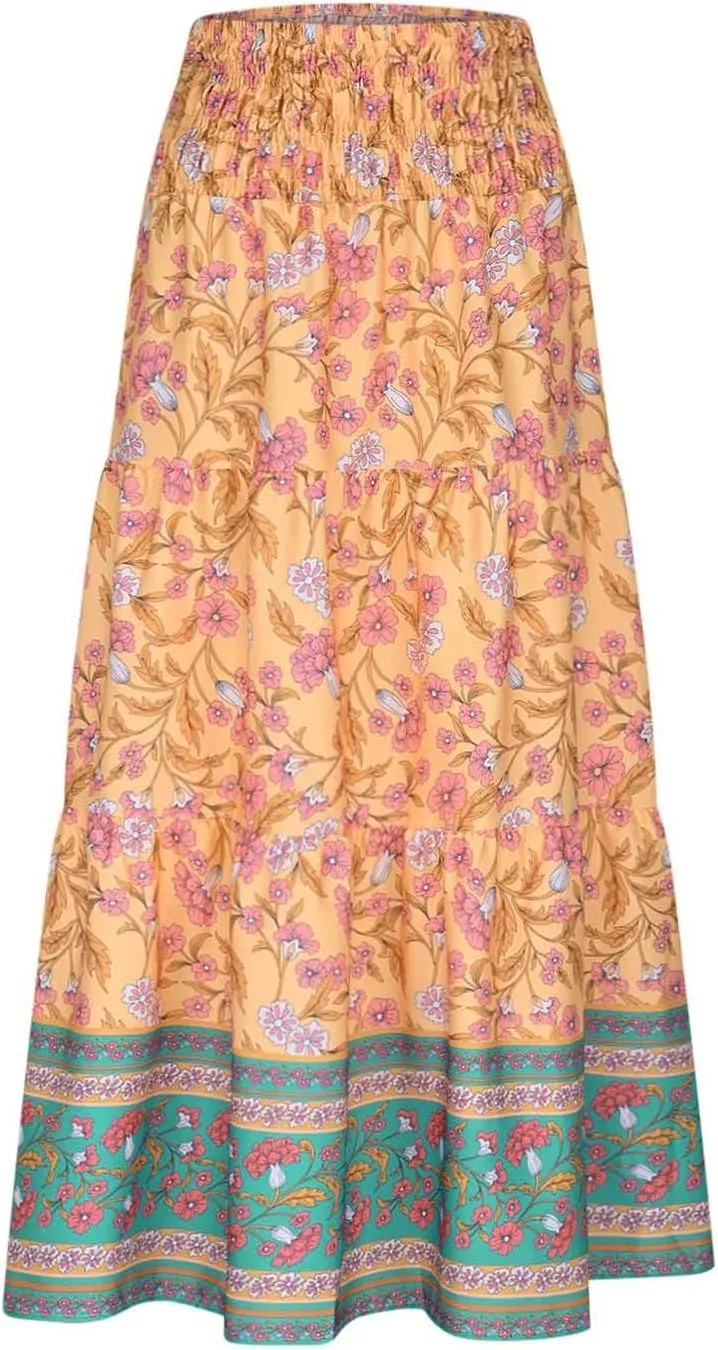 Boho Floral Pleated Long Skirts for Women Summer Casual Elastic High Waisted Skirts A-Line Flowy Swing Maxi Skirt