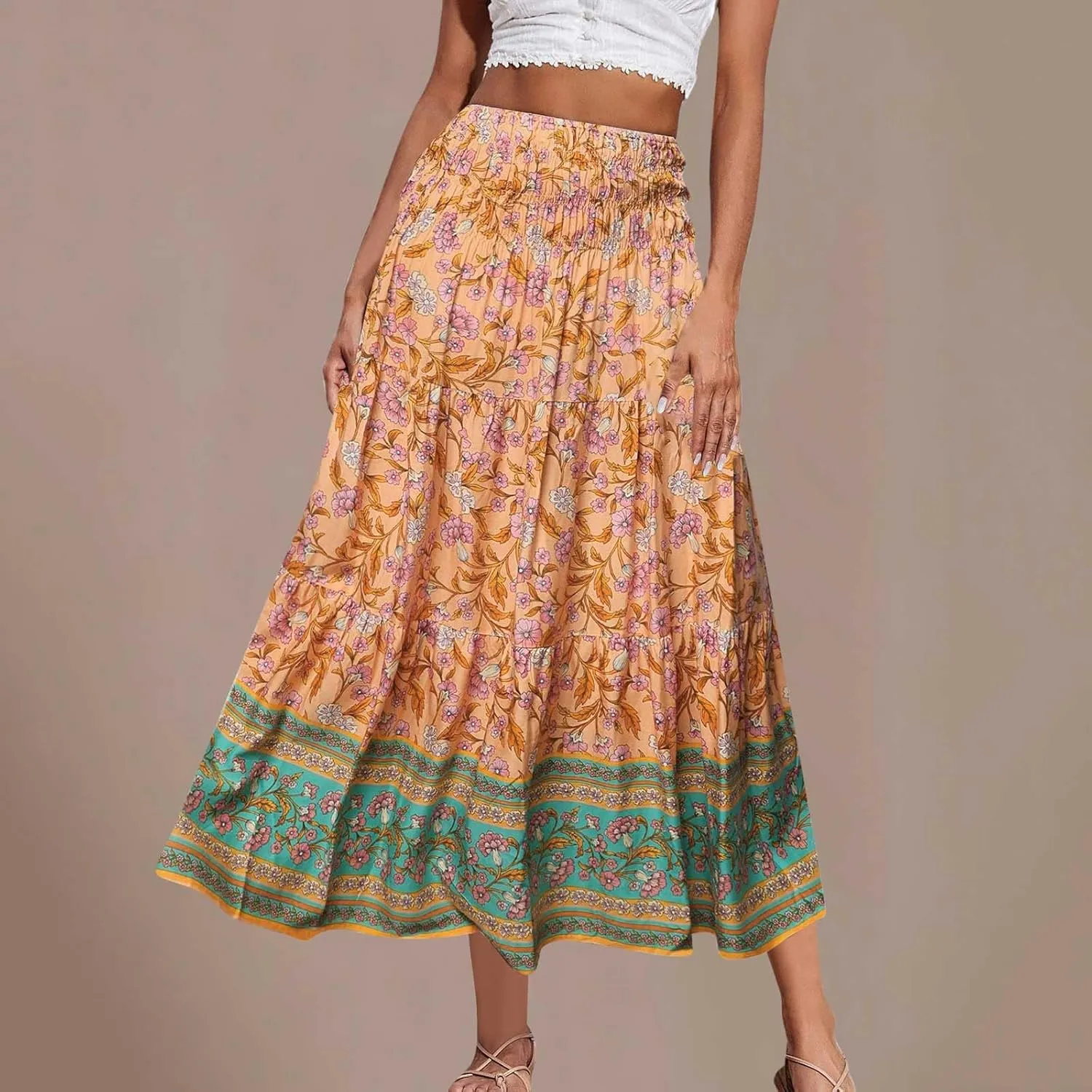 Boho Floral Pleated Long Skirts for Women Summer Casual Elastic High Waisted Skirts A-Line Flowy Swing Maxi Skirt