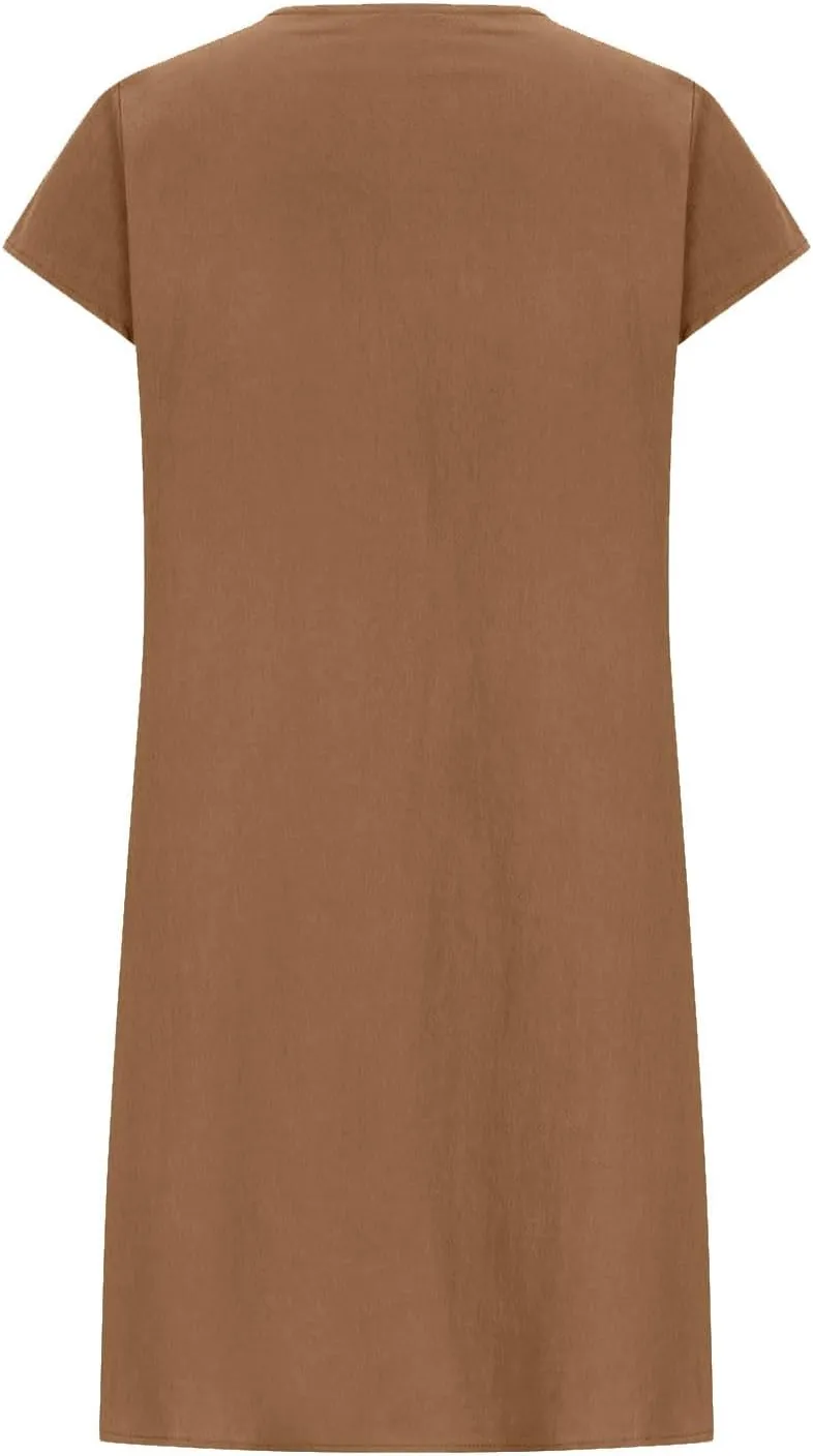 Boho Linen Midi Dresses for Women Short Sleeve Crewneck Pleated Dress Casual Aline Sundresses Beach Vacation Clothes