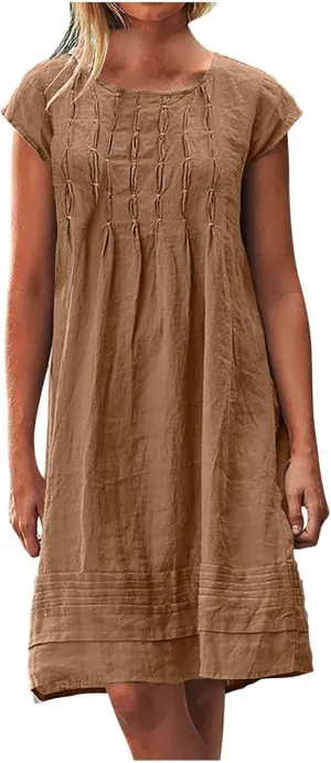 Boho Linen Midi Dresses for Women Short Sleeve Crewneck Pleated Dress Casual Aline Sundresses Beach Vacation Clothes