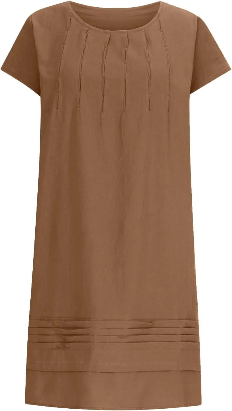 Boho Linen Midi Dresses for Women Short Sleeve Crewneck Pleated Dress Casual Aline Sundresses Beach Vacation Clothes