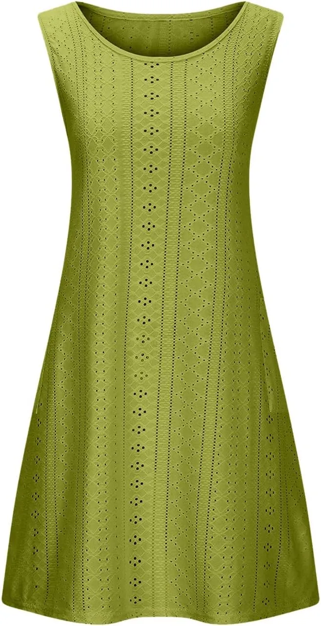 Borniu Tank Dress Womens Elegant T-Shirt Summer Eyelet Dresses Sleeveless Swing A Line Vacation Beach Sundress with Pockets