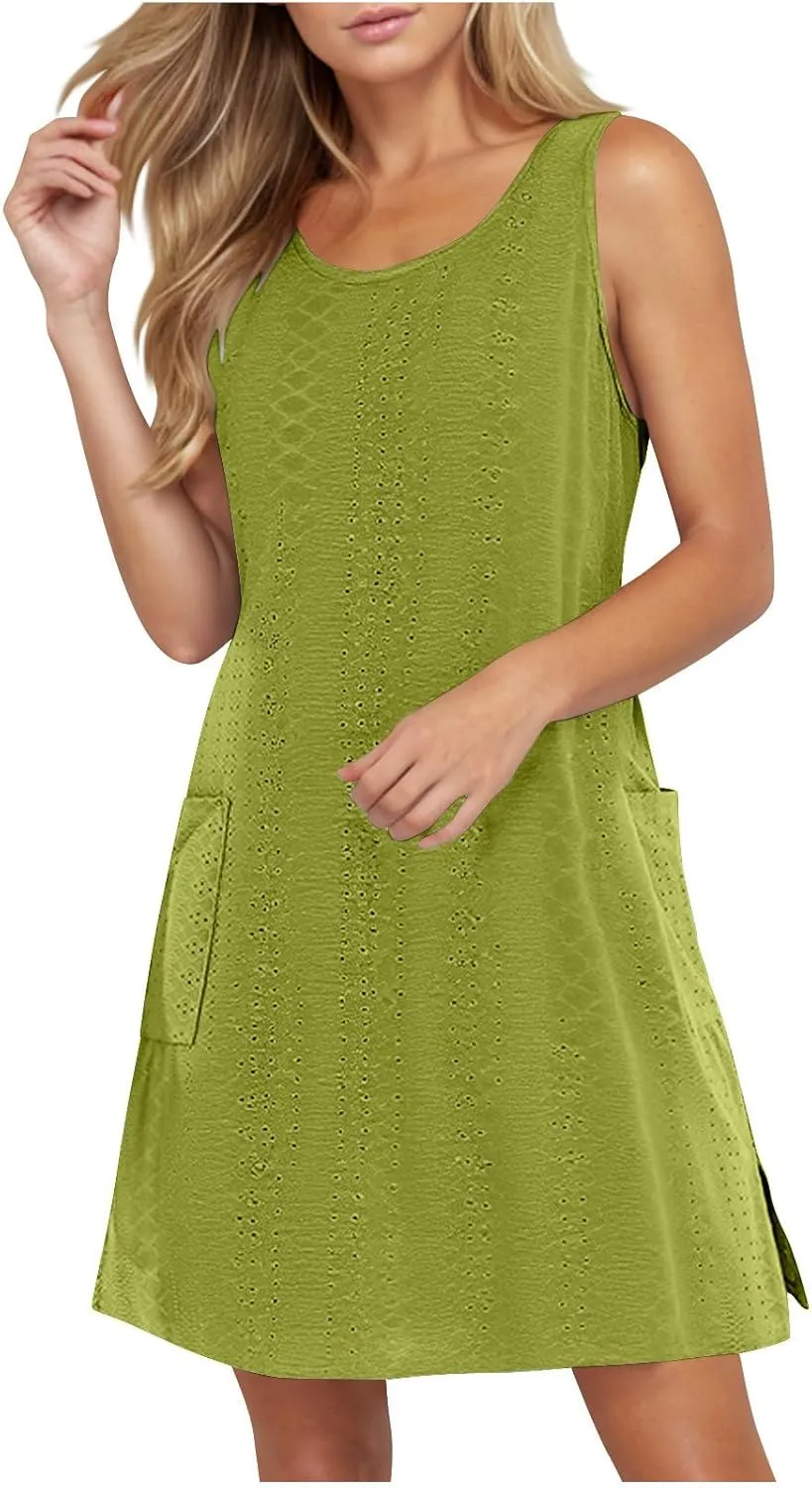 Borniu Tank Dress Womens Elegant T-Shirt Summer Eyelet Dresses Sleeveless Swing A Line Vacation Beach Sundress with Pockets
