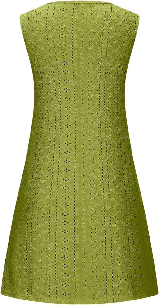Borniu Tank Dress Womens Elegant T-Shirt Summer Eyelet Dresses Sleeveless Swing A Line Vacation Beach Sundress with Pockets