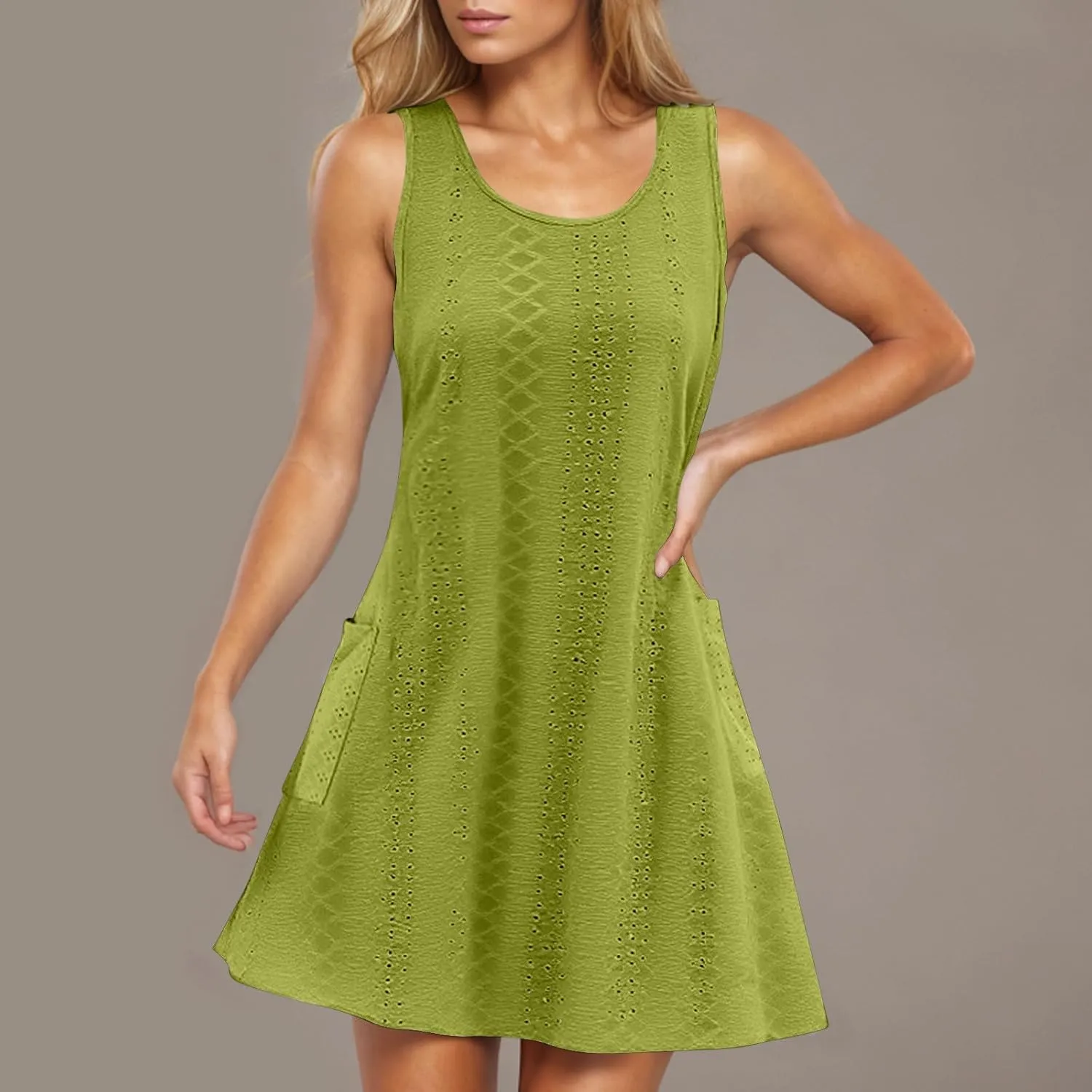Borniu Tank Dress Womens Elegant T-Shirt Summer Eyelet Dresses Sleeveless Swing A Line Vacation Beach Sundress with Pockets