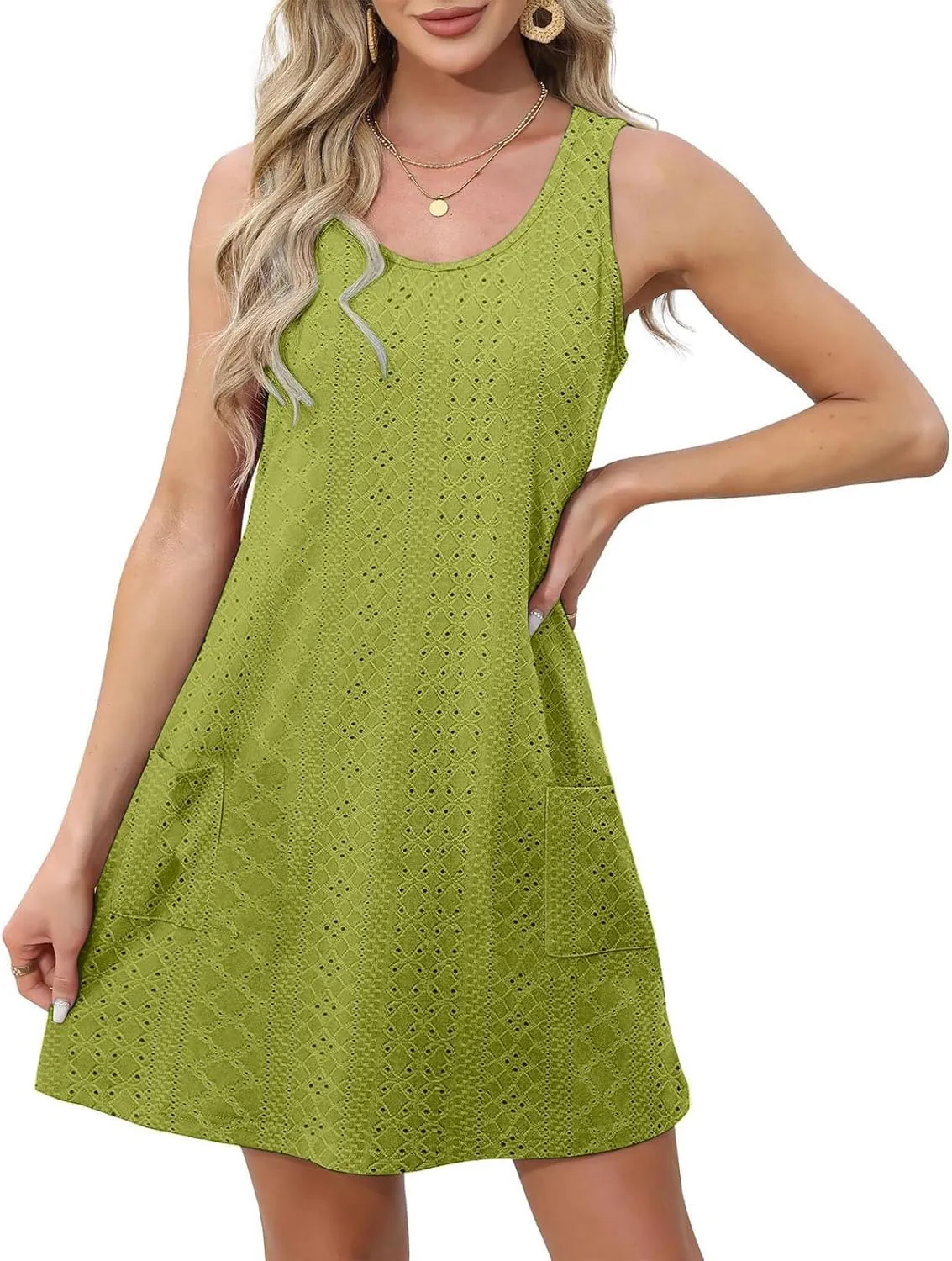 Borniu Tank Dress Womens Elegant T-Shirt Summer Eyelet Dresses Sleeveless Swing A Line Vacation Beach Sundress with Pockets