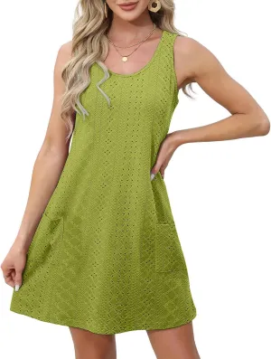 Borniu Tank Dress Womens Elegant T-Shirt Summer Eyelet Dresses Sleeveless Swing A Line Vacation Beach Sundress with Pockets