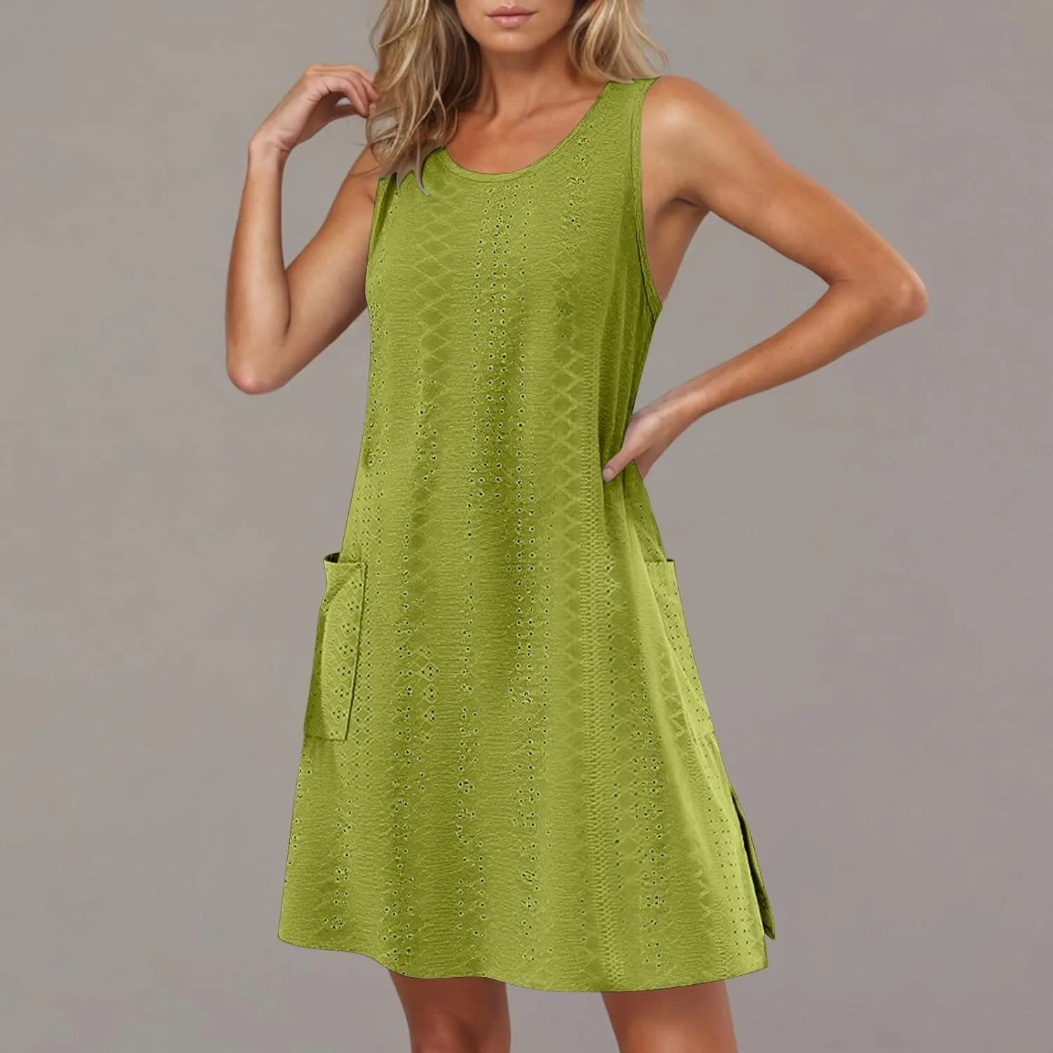 Borniu Tank Dress Womens Elegant T-Shirt Summer Eyelet Dresses Sleeveless Swing A Line Vacation Beach Sundress with Pockets
