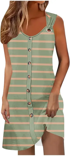 Borniu Women Summer Beach Vocation Casual Striped T Shirt Sundress Sleeveless Crewneck Loose Tank Flowy Swing Short Dresses