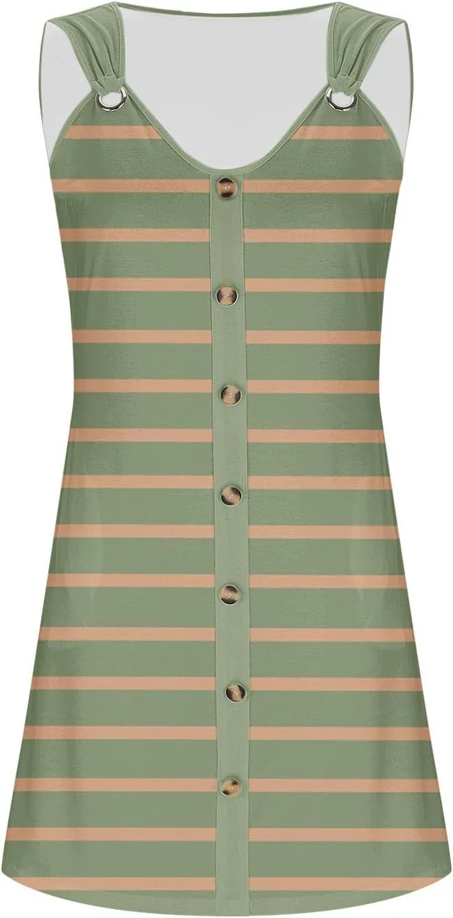 Borniu Women Summer Beach Vocation Casual Striped T Shirt Sundress Sleeveless Crewneck Loose Tank Flowy Swing Short Dresses