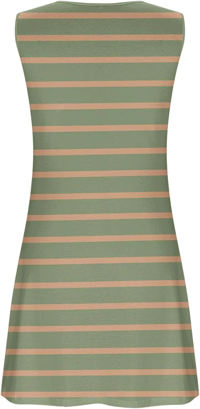 Borniu Women Summer Beach Vocation Casual Striped T Shirt Sundress Sleeveless Crewneck Loose Tank Flowy Swing Short Dresses